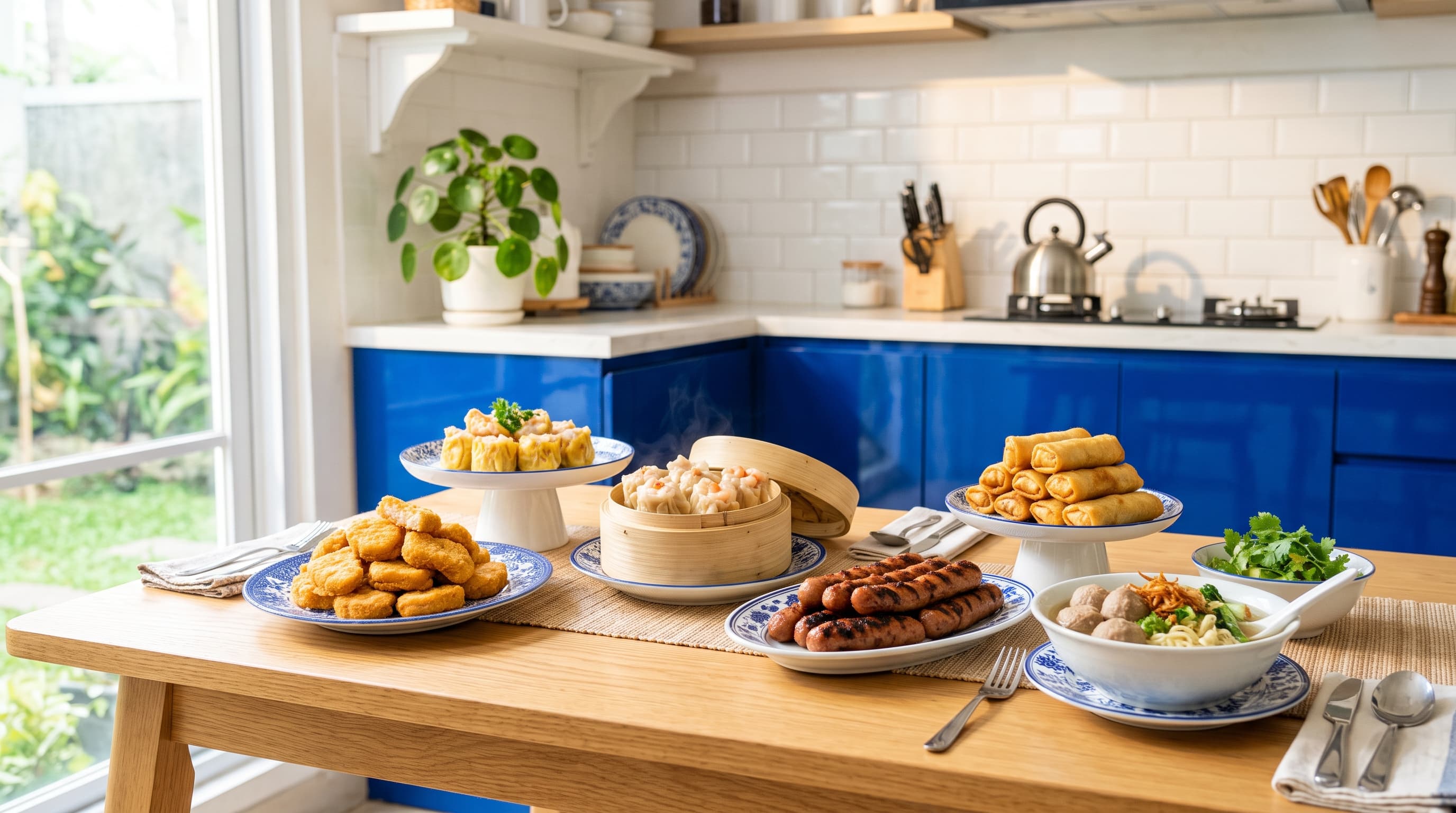 Nuggets, dimsum, sausages, spring rolls and meatball soup on blue and white plates in a bright kitchen