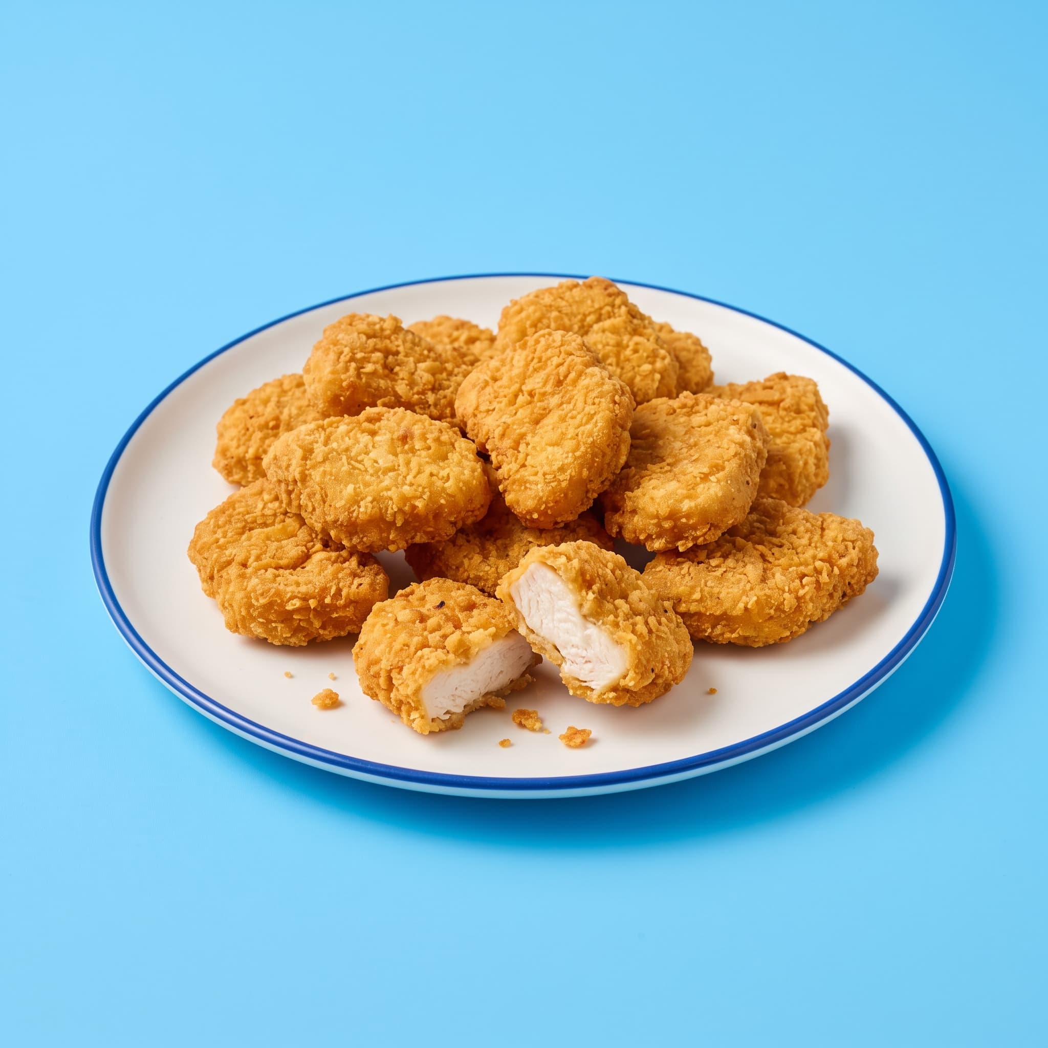A pile of golden chicken nuggets on a white plate, one broken open