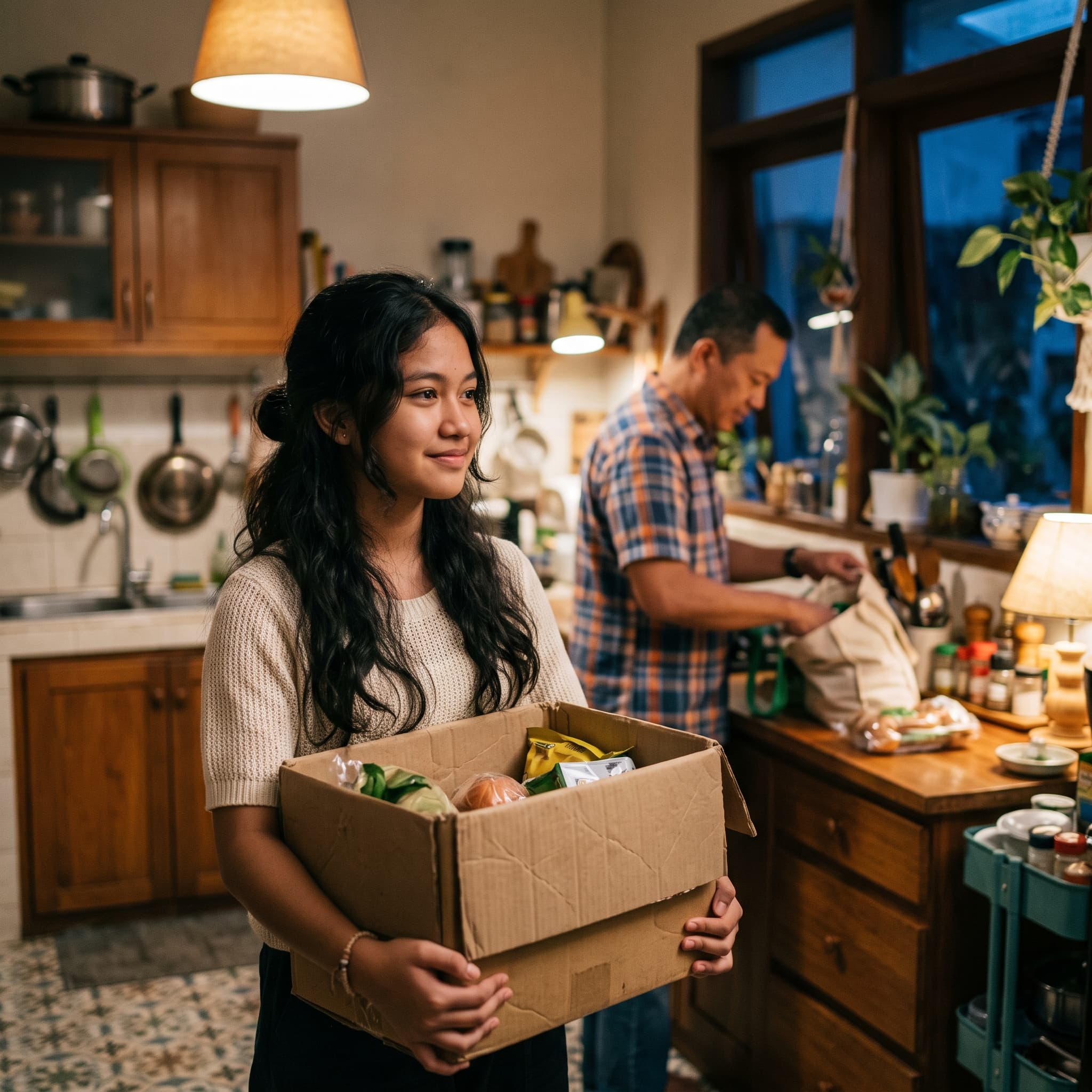 A teenager carries a box of groceries into the kitchen while her father unpacks bags behind her