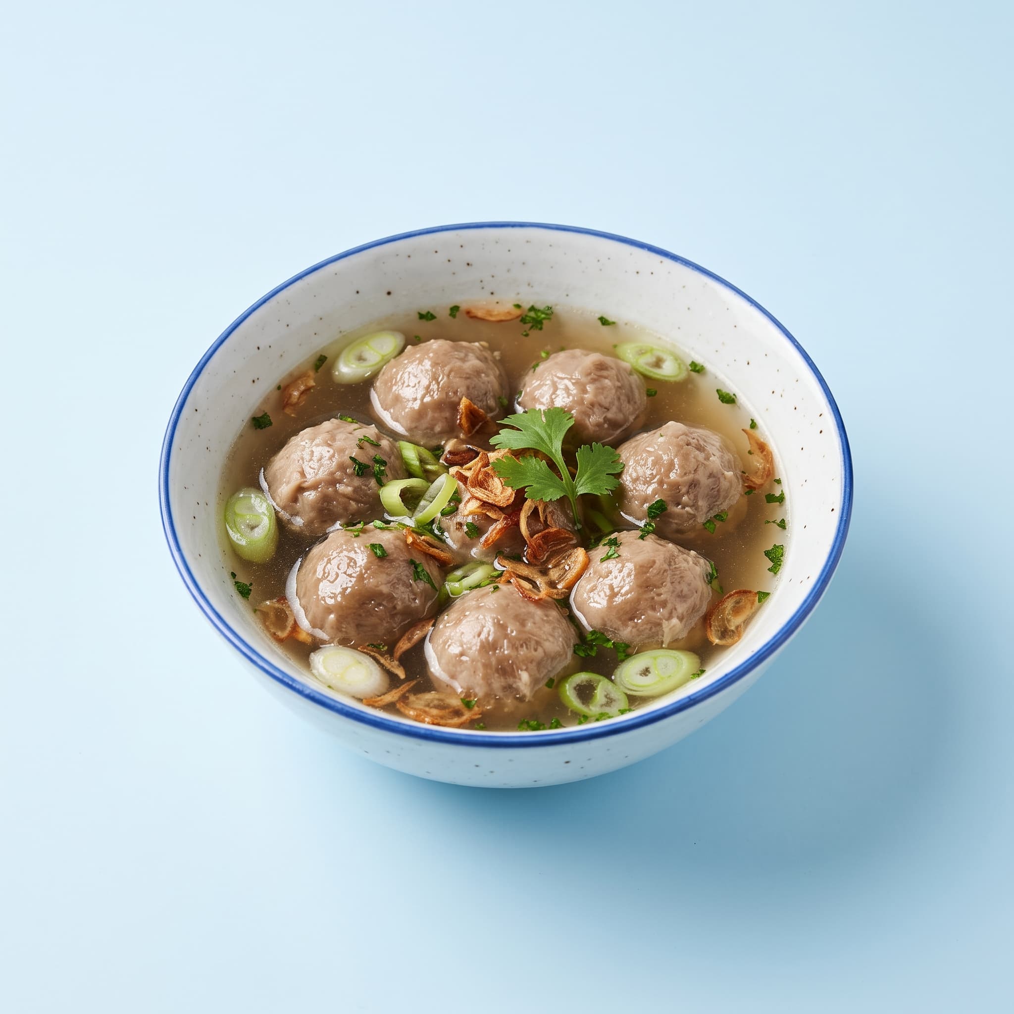 Round beef meatballs in a white bowl of clear broth with spring onion