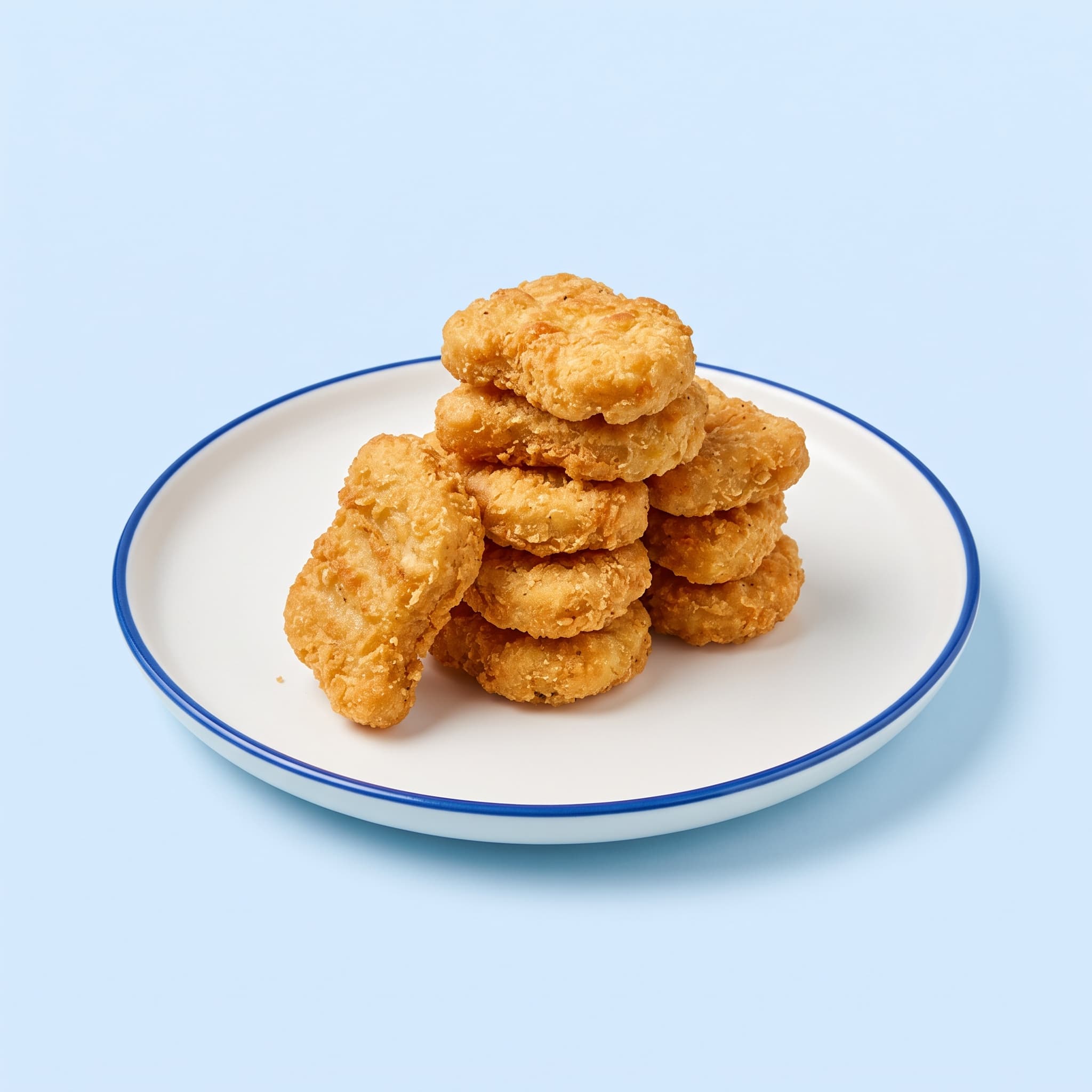 Golden chicken nuggets stacked on a white plate with a blue rim