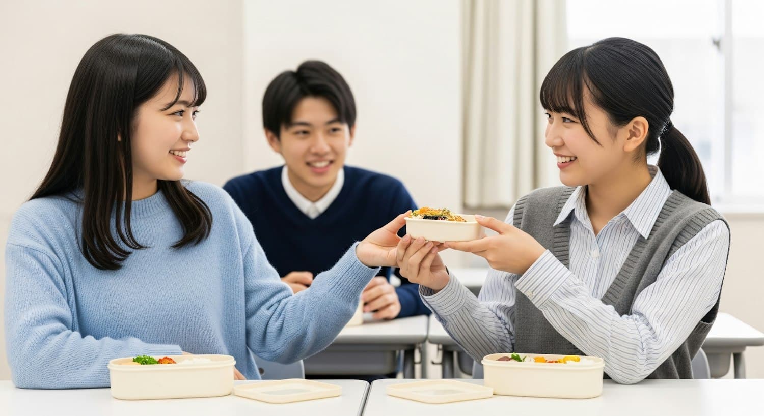Friends swapping food from their lunchboxes