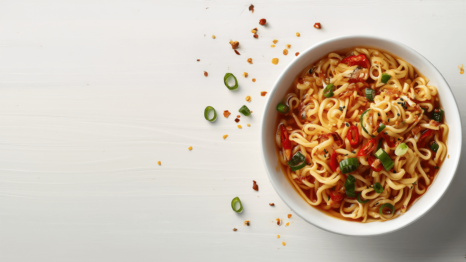 Spicy noodles with chili and spring onion in a white bowl