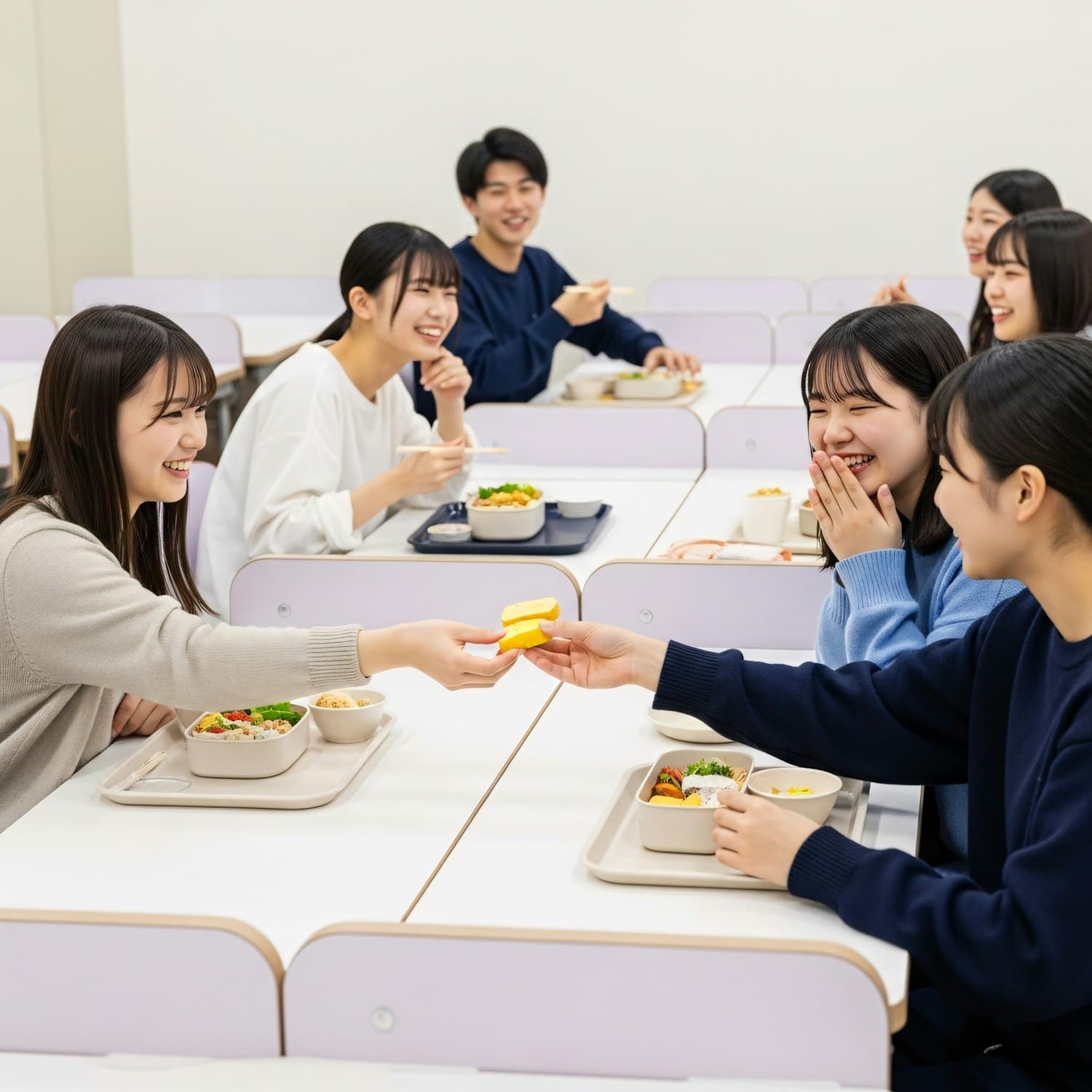 A group of friends laughing and sharing lunch at long tables