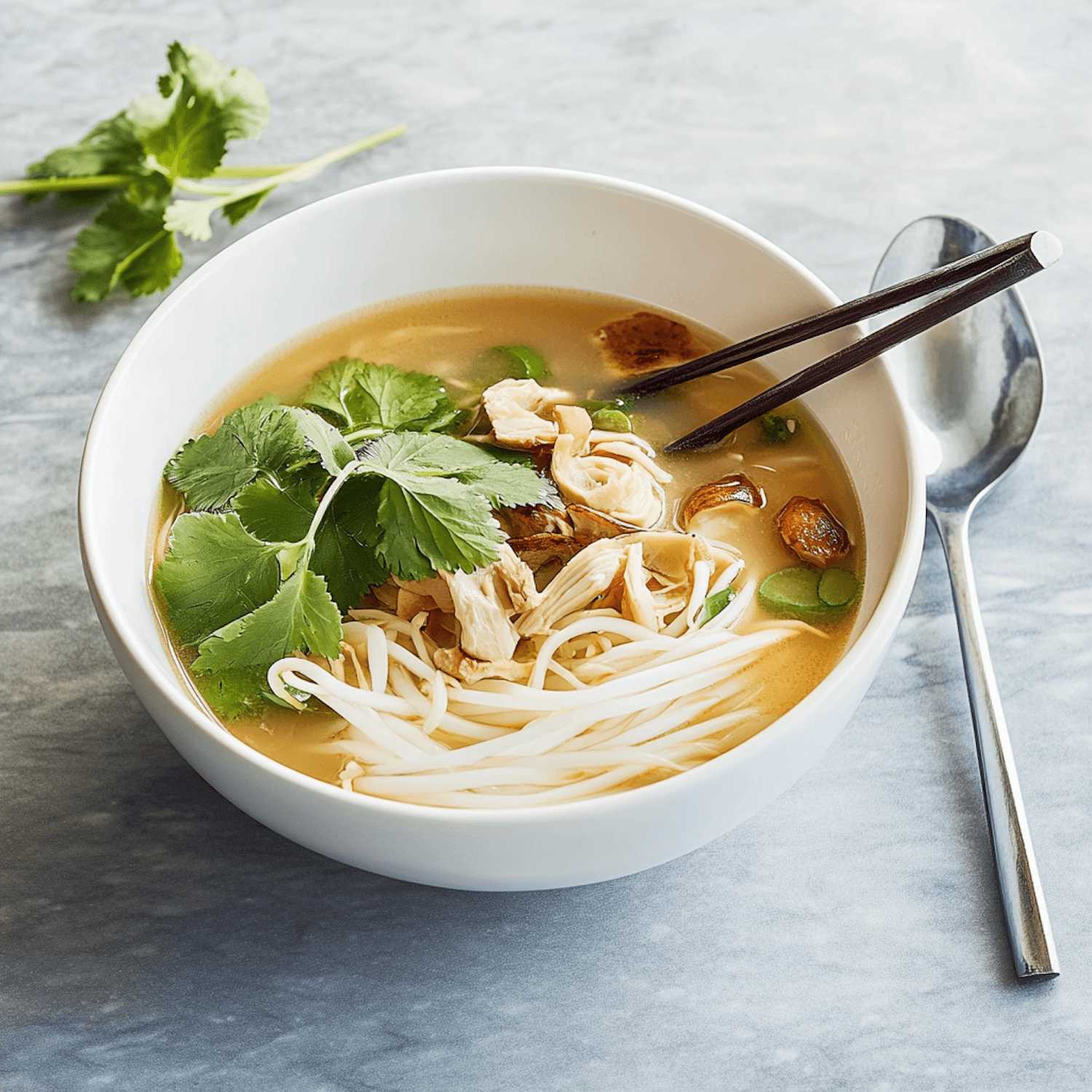 A bowl of chicken noodle soup with fresh herbs and chopsticks